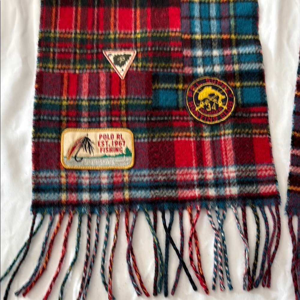Polo Ralph ITALY Lauren Red Blue WOOL BLEND Plaid FISHING HUNTING PATCHES SCARF - Picture 2 of 12